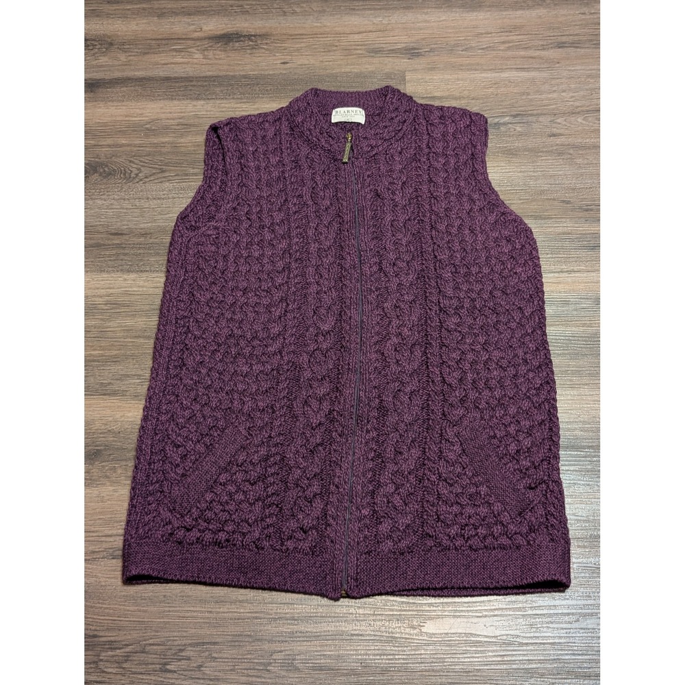 Blarney Woollen Mills Women XL Purple 100% Merino Wool Cable Knit Zip Up Vest